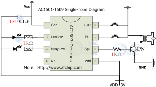 單音片系列鈴兒響叮當(dāng)音樂(lè)芯片應(yīng)用電路: