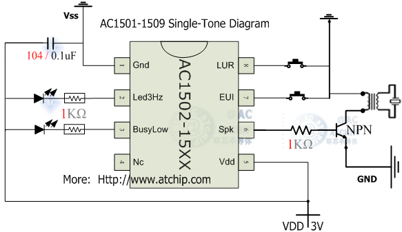 單音片系列鈴兒響叮當(dāng)音樂(lè)芯片應(yīng)用電路: