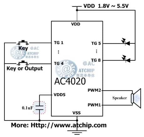 ac4020 diagram 與地觸發(fā)有效帶單片機(jī)MCU控制的OTP語(yǔ)音芯片電路接線圖