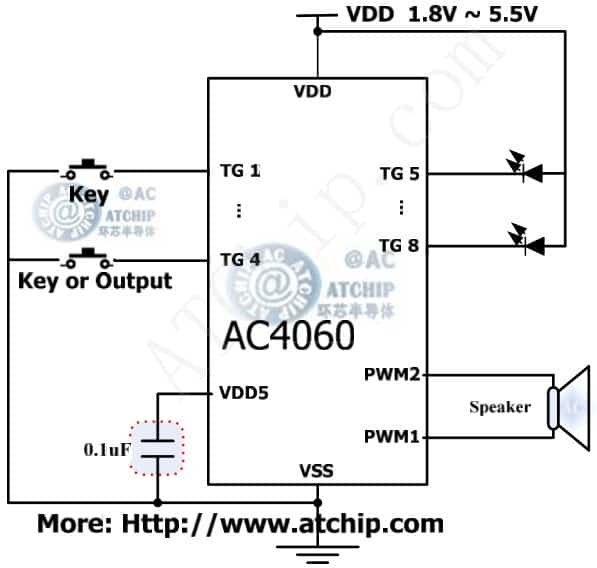 ac4060 diagram 與地觸發(fā)有效帶單片機MCU電路接線圖